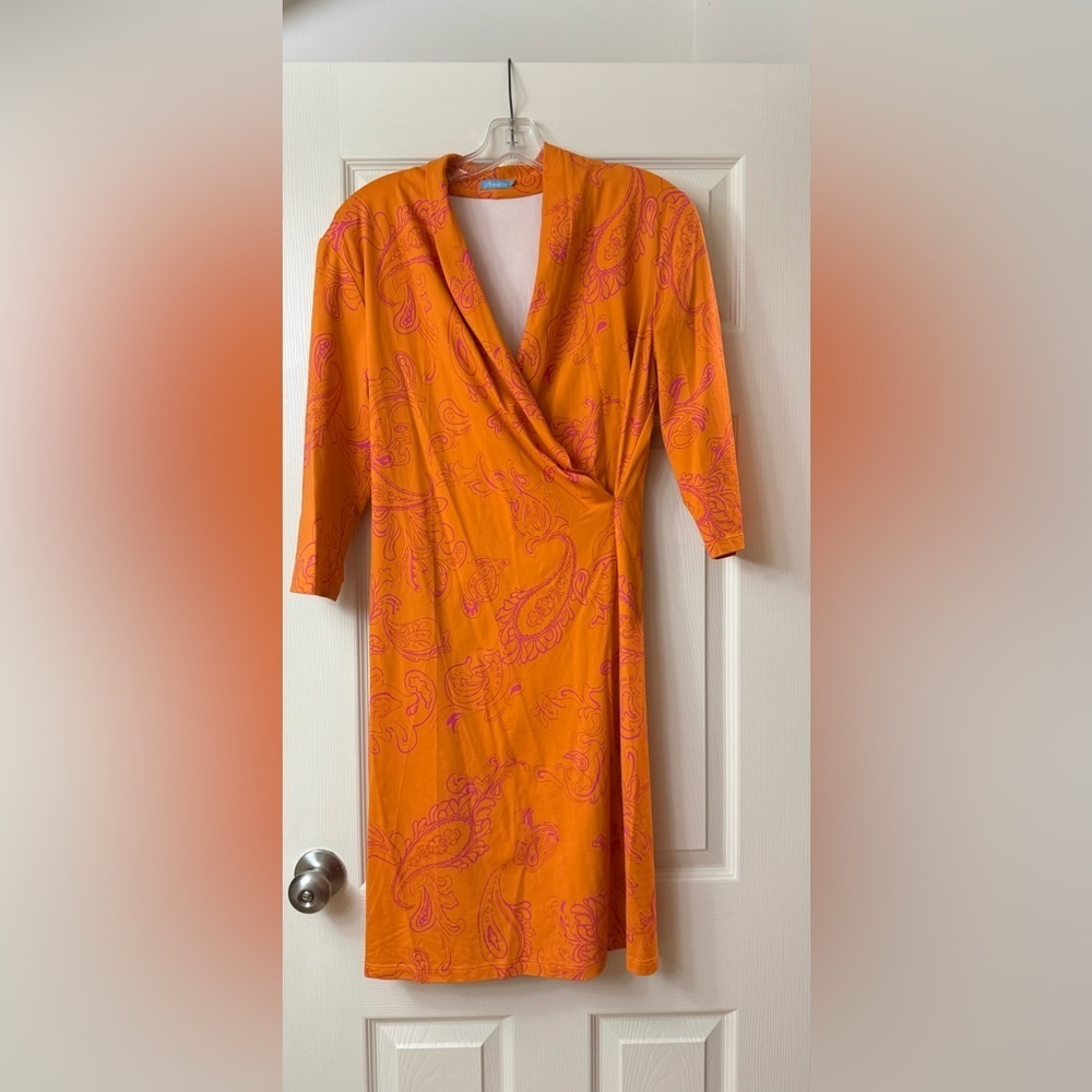 J. McLaughlin Orange and Pink Sheath Dress with Faux Wrap Neckline Medium M
